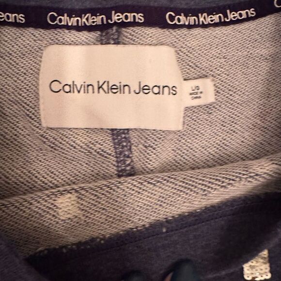 Calvin Klein Jeans Blue Sequin Logo Graphic Cropped sweatshirt sz L EUC - Picture 9 of 10